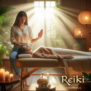 Woman resting peacefully during a Reiki healing session with warm light streaming in